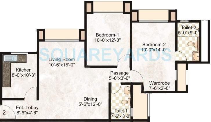 Floor plan of 2 BHK 999 Sq. Ft. Apartment in Hiranandani Astra, Thane