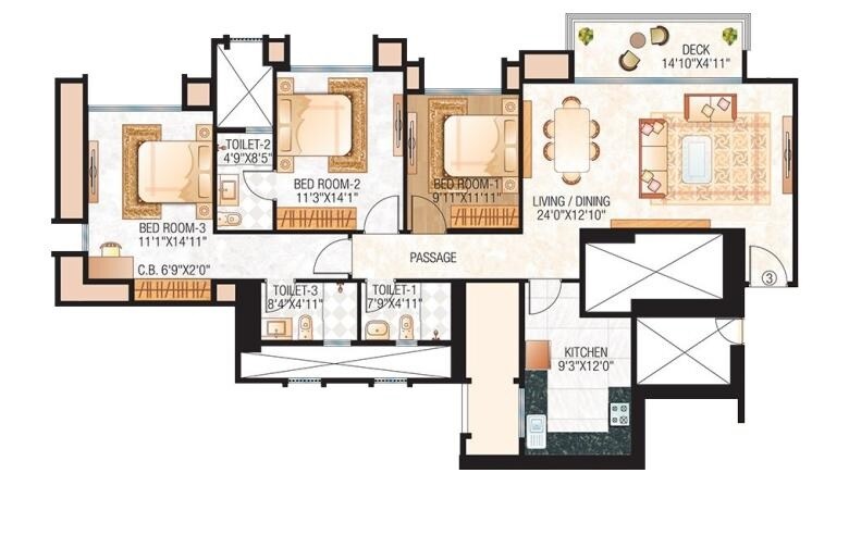 Floor plan of 3 BHK 1695 Sq. Ft. Apartment in Hiranandani Bankston, Thane