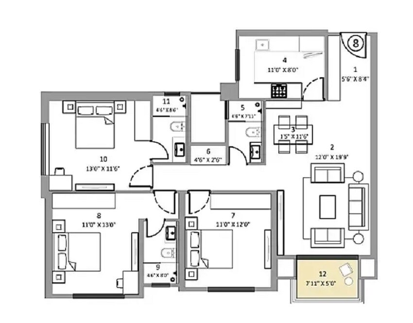3 BHK 1091 Sq. Ft. Apartment