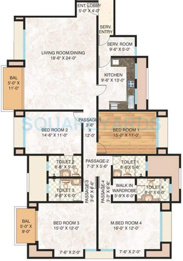 Floor plan of 4 BHK 1818 Sq. Ft. Apartment in Hiranandani Brookhill, Thane