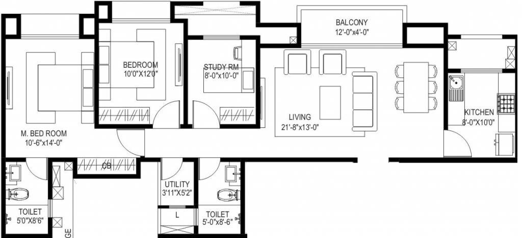 Floor plan of 2 BHK 1115 Sq. Ft. Apartment in Hiranandani Calvina, Thane