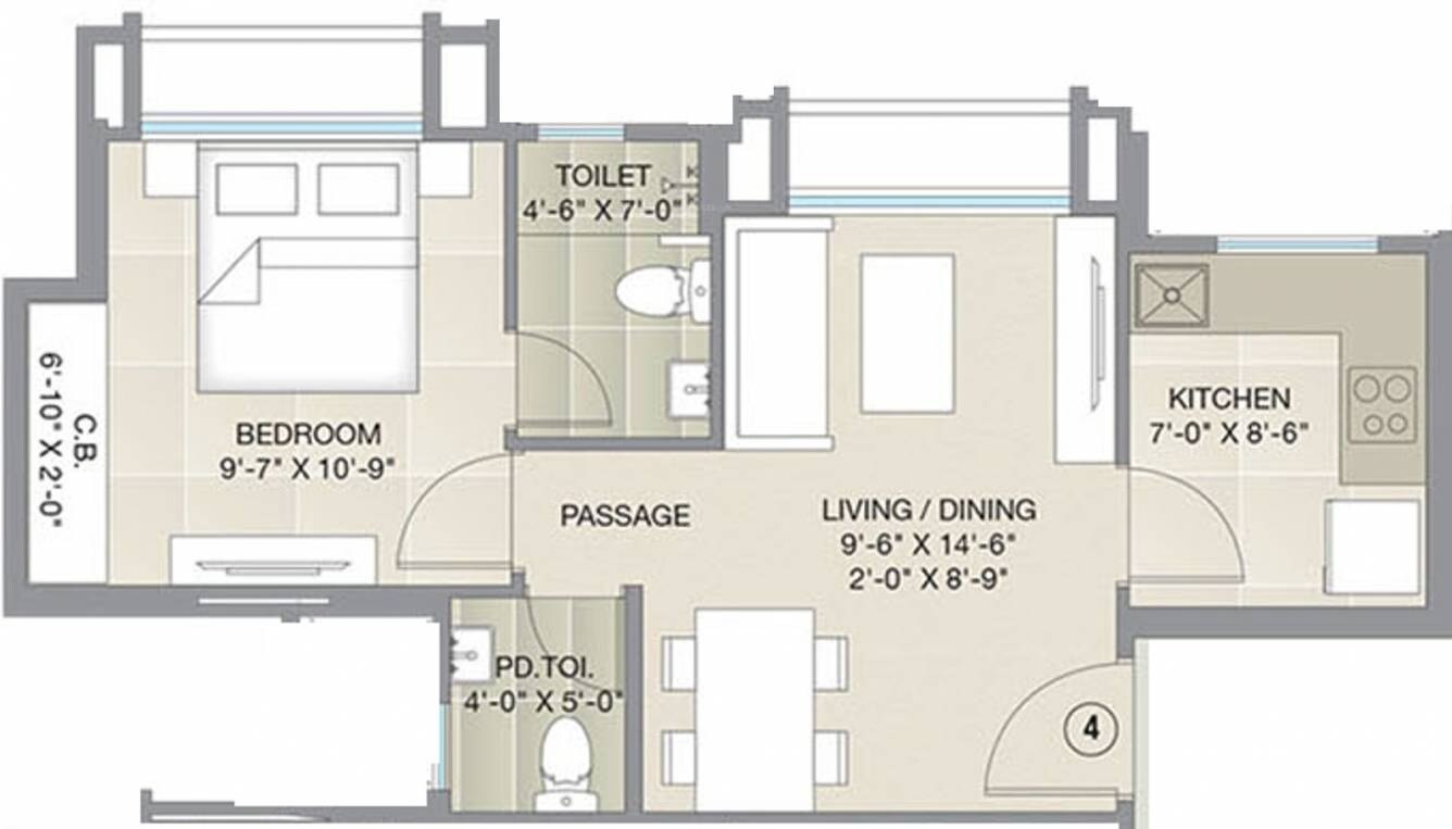 Floor plan of 1 BHK 393 Sq. Ft. Apartment in Hiranandani Estate Barca, Thane