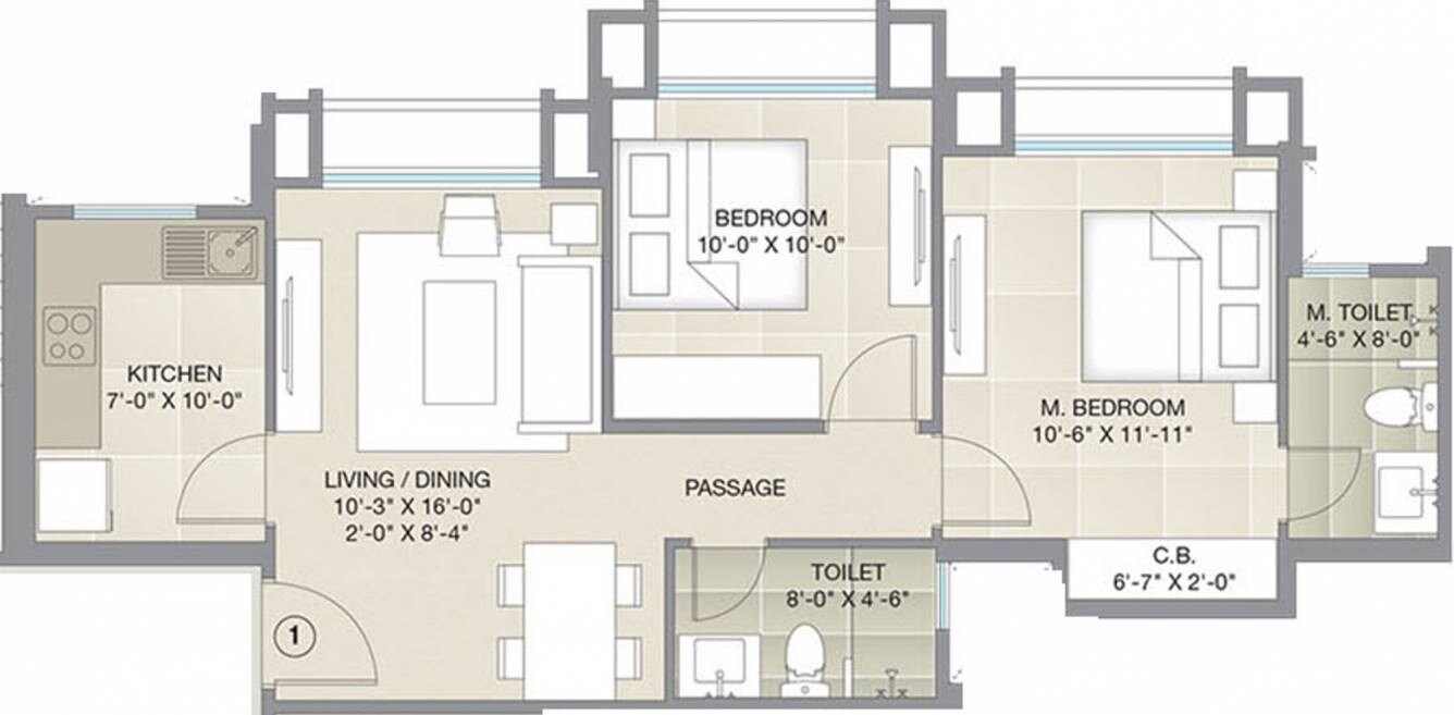 Floor plan of 2 BHK 555 Sq. Ft. Apartment in Hiranandani Estate Barca, Thane