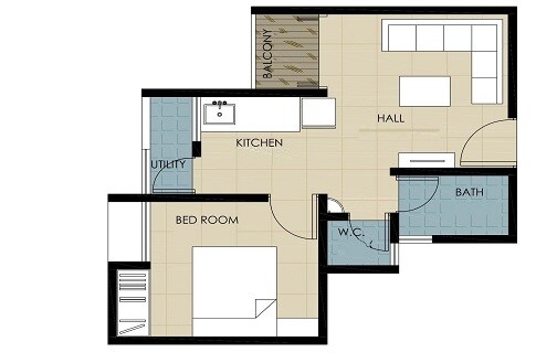Floor plan of 1 BHK Apartment - 600 sq. ft. in Hiranandani Estate Brentford, Thane