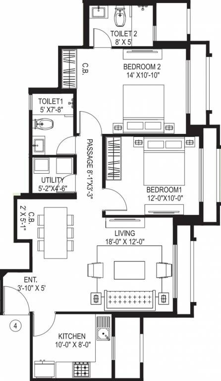 Floor plan of 2 BHK 731 Sq. Ft. Apartment in Hiranandani Estate Flamingo, Thane