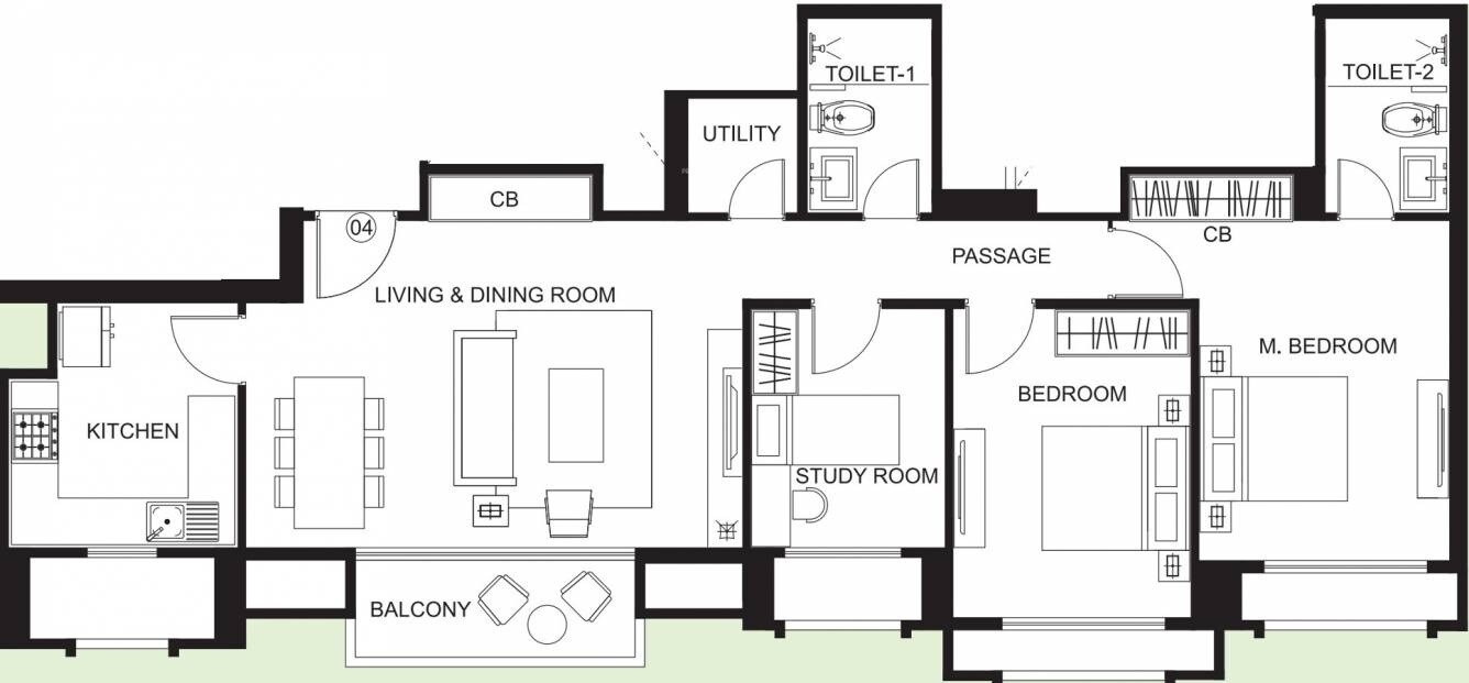 Floor plan of 2 BHK 969 Sq. Ft. Apartment in Hiranandani Estate Flamingo, Thane