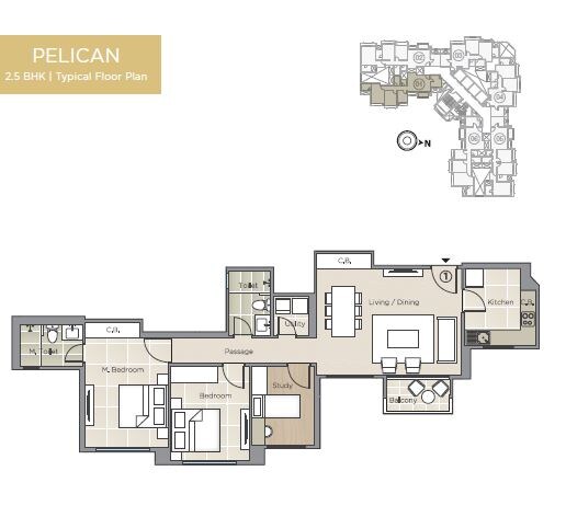 Floor plan of 2 BHK 868 Sq. Ft. Apartment in Hiranandani Estate Pelican, Thane
