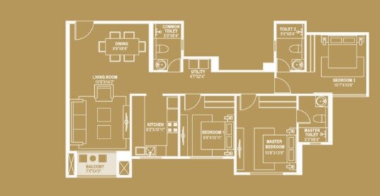 Floor plan of 3 BHK 1155 Sq. Ft. Apartment in Hiranandani Estate Queens Gate, Thane