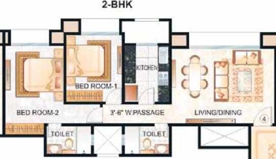 Floor plan of 2 BHK 727 Sq. Ft. Apartment in Hiranandani Estate Rodas Enclave, Thane
