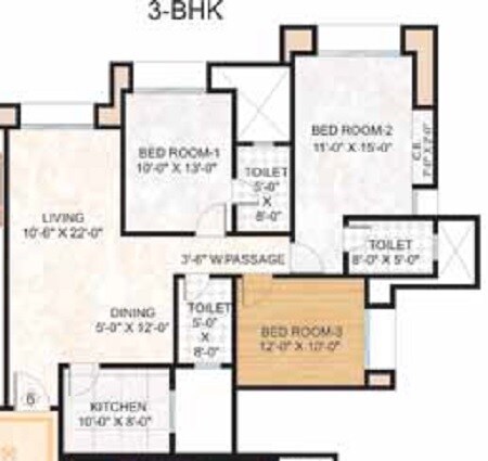 Floor plan of 3 BHK 1011 Sq. Ft. Apartment in Hiranandani Estate Rodas Enclave, Thane