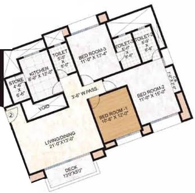 Floor plan of 3 BHK 1152 Sq. Ft. Apartment in Hiranandani Estate Rodas Enclave, Thane