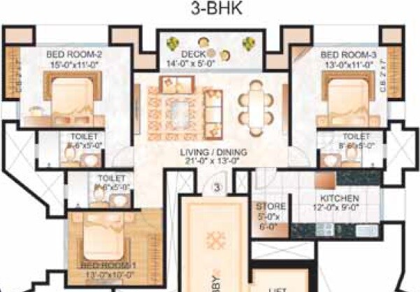 Floor plan of 3 BHK 1183 Sq. Ft. Apartment in Hiranandani Estate Rodas Enclave, Thane