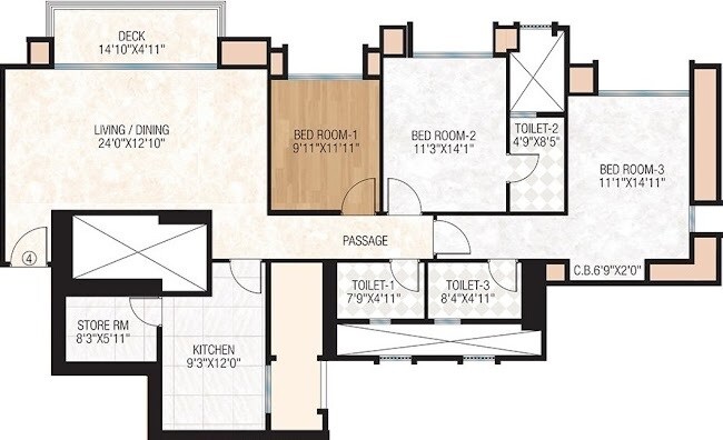 Floor plan of 3 BHK 1300 Sq. Ft. Apartment in Hiranandani Estate Rodas Enclave, Thane