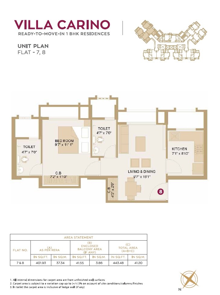Floor plan of 1 BHK 443 Sq. Ft. Apartment in Hiranandani Estate Villa Carino, Thane