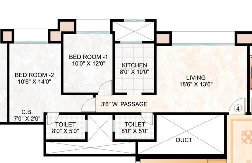 Floor plan of 2 BHK 1040 Sq. Ft. Apartment in Hiranandani Evergreen, Thane