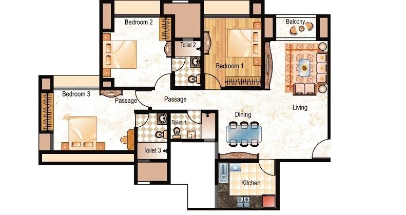 Floor plan of 3 BHK 1345 Sq. Ft. Apartment in Hiranandani Meadows, Thane