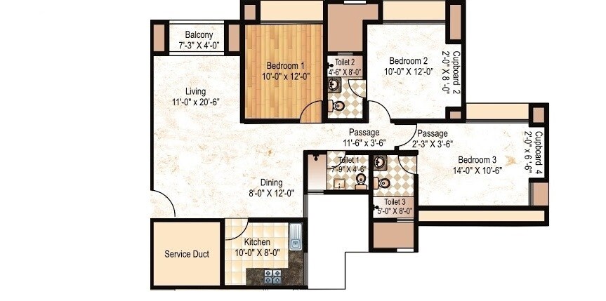 Floor plan of 3 BHK 1825 Sq. Ft. Apartment in Hiranandani Meadows, Thane