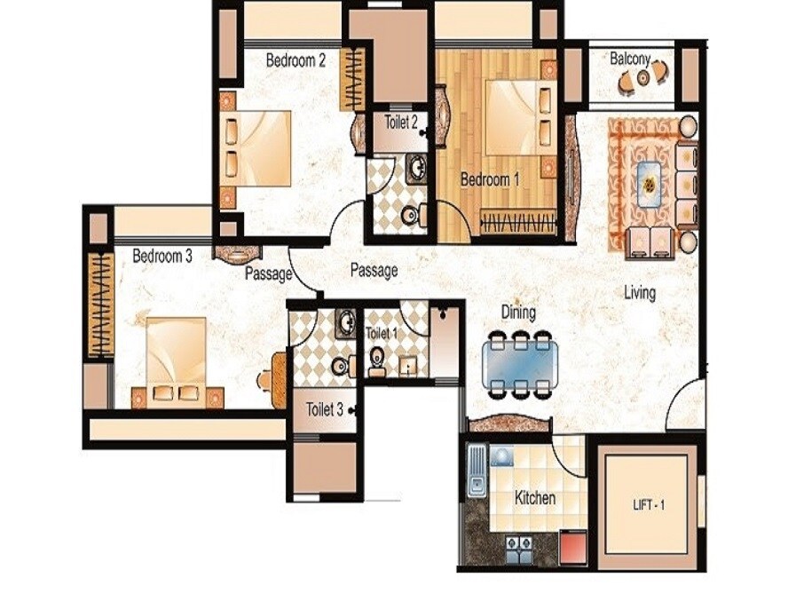 Floor plan of 3 BHK 1490 Sq. Ft. Apartment in Hiranandani Meridian, Thane