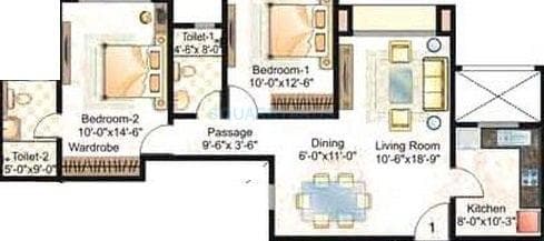 Floor plan of 2 BHK 999 Sq. Ft. Apartment in Hiranandani Paloma, Thane