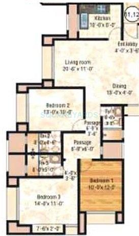 Floor plan of 3 BHK 1125 Sq. Ft. Apartment in Hiranandani Paloma, Thane