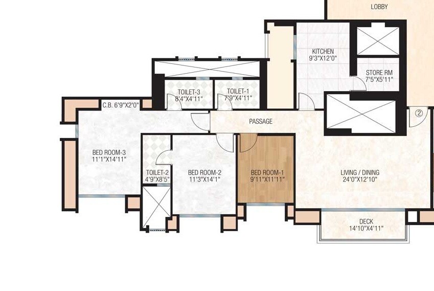 Floor plan of 3 BHK 1300 Sq. Ft. Apartment in Hiranandani Phillipa, Thane
