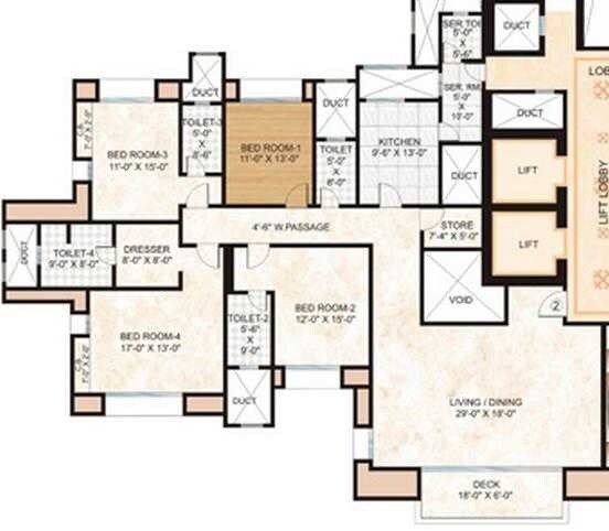 Floor plan of 4 BHK 2200 Sq. Ft. Apartment in Hiranandani Rodas Enclave Leona, Thane