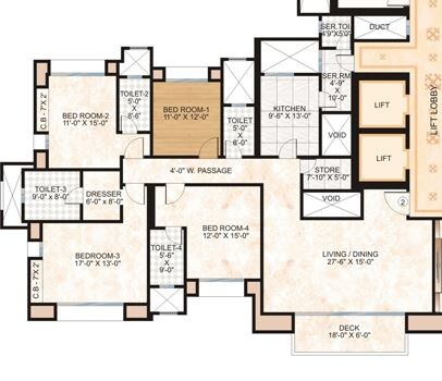 Floor plan of 4 BHK 2890 Sq. Ft. Apartment in Hiranandani Royce, Thane