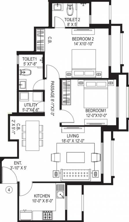 Floor plan of 2 BHK 766 Sq. Ft. Apartment in Hiranandani Skylark Enclave, Thane