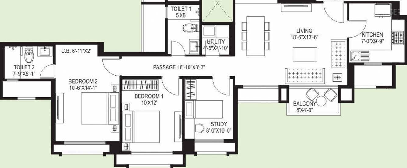 Floor plan of 2 BHK 879 Sq. Ft. Apartment in Hiranandani Skylark Enclave, Thane