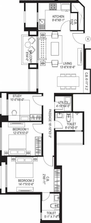 Floor plan of 2 BHK 919 Sq. Ft. Apartment in Hiranandani Skylark Enclave, Thane