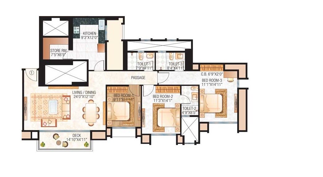 Floor plan of 3 BHK 1012 Sq. Ft. Apartment in Hiranandani Skylark Enclave, Thane