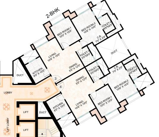 Floor plan of 2 BHK 727 Sq. Ft. Apartment in Hiranandani Sunrays, Thane
