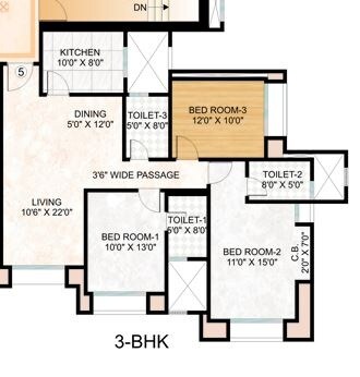 Floor plan of 3 BHK 1011 Sq. Ft. Apartment in Hiranandani Sunrays, Thane