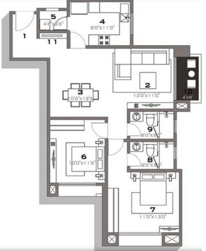 Floor plan of 2 BHK 910 Sq. Ft. Apartment in Hiranandani Tiara, Thane