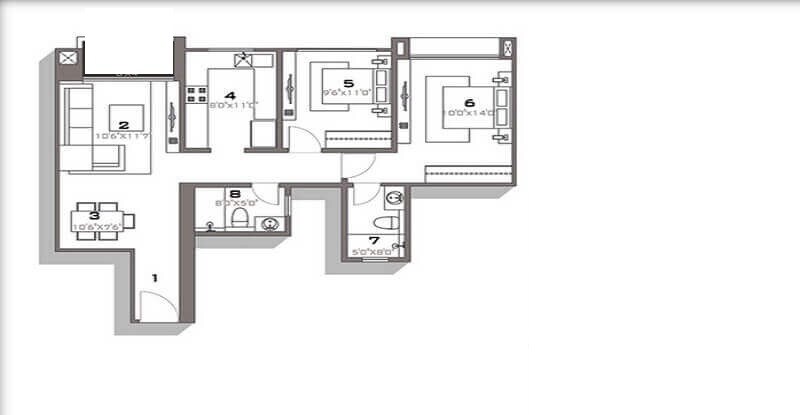 Floor plan of 2 BHK 925 Sq. Ft. Apartment in Hiranandani Tiara, Thane
