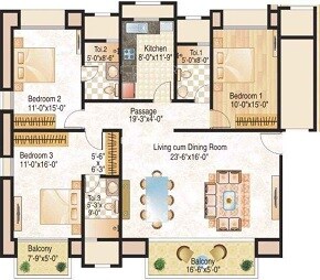 Floor plan of 3 BHK 1765 Sq. Ft. Apartment in Hiranandani Tribeca, Thane