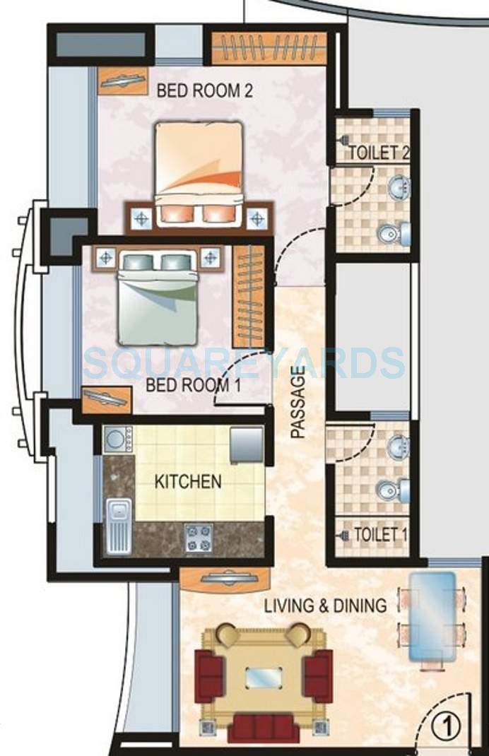 Floor plan of 2 BHK 870 Sq. Ft. Apartment in Hiranandani Villa Grand, Thane