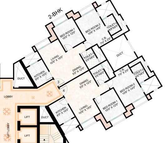 Floor plan of 2 BHK 1040 Sq. Ft. Apartment in Hiranandani Woodstock, Thane