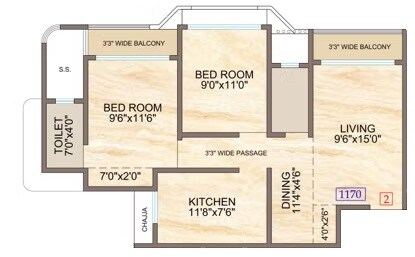 Floor plan of 2 BHK 698 Sq. Ft. Apartment in Hiya Avenue, Thane