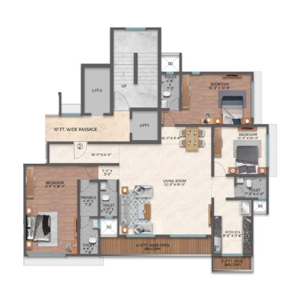 Floor plan of 3 BHK 1055 Sq. Ft. Apartment in HK Silver Palace, Thane