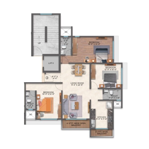 Floor plan of 3 BHK 1279 Sq. Ft. Apartment in HK Silver Palace, Thane