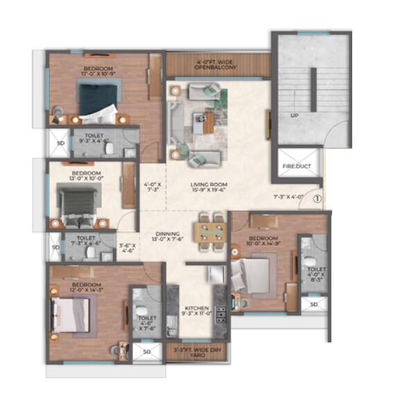 Floor plan of 4 BHK 1478 Sq. Ft. Apartment in HK Silver Palace, Thane