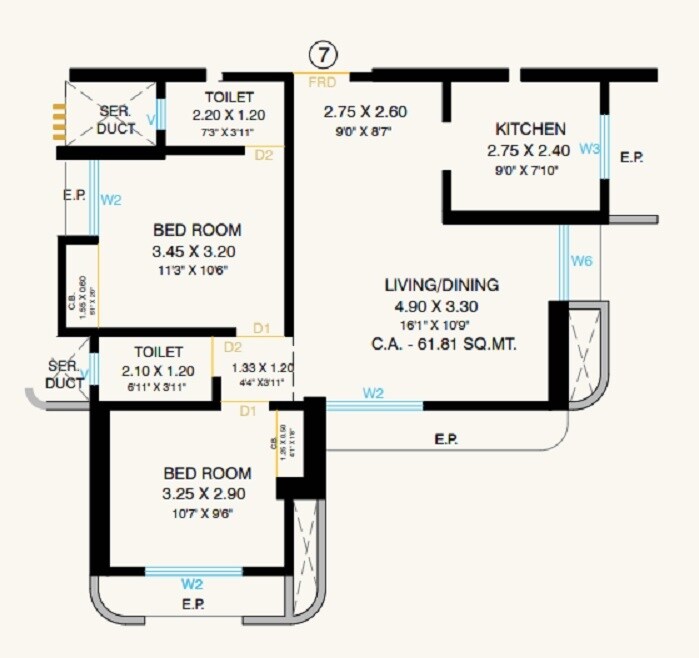 2 BHK 665 Sq. Ft. Apartment