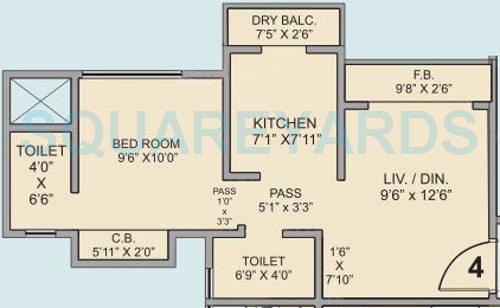 Floor plan of 1 BHK 675 Sq. Ft. Apartment in Hubtown Gardenia, Thane