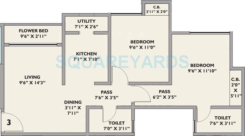 Floor plan of 2 BHK 1340 Sq. Ft. Apartment in Hubtown Gardenia, Thane