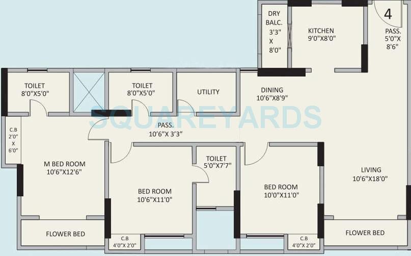 Floor plan of 3 BHK 1750 Sq. Ft. Apartment in Hubtown Gardenia, Thane