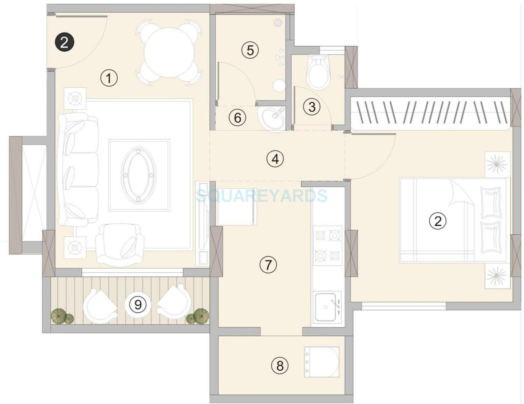 Floor plan of 1 BHK 598 Sq. Ft. Apartment in Hubtown Iris, Thane