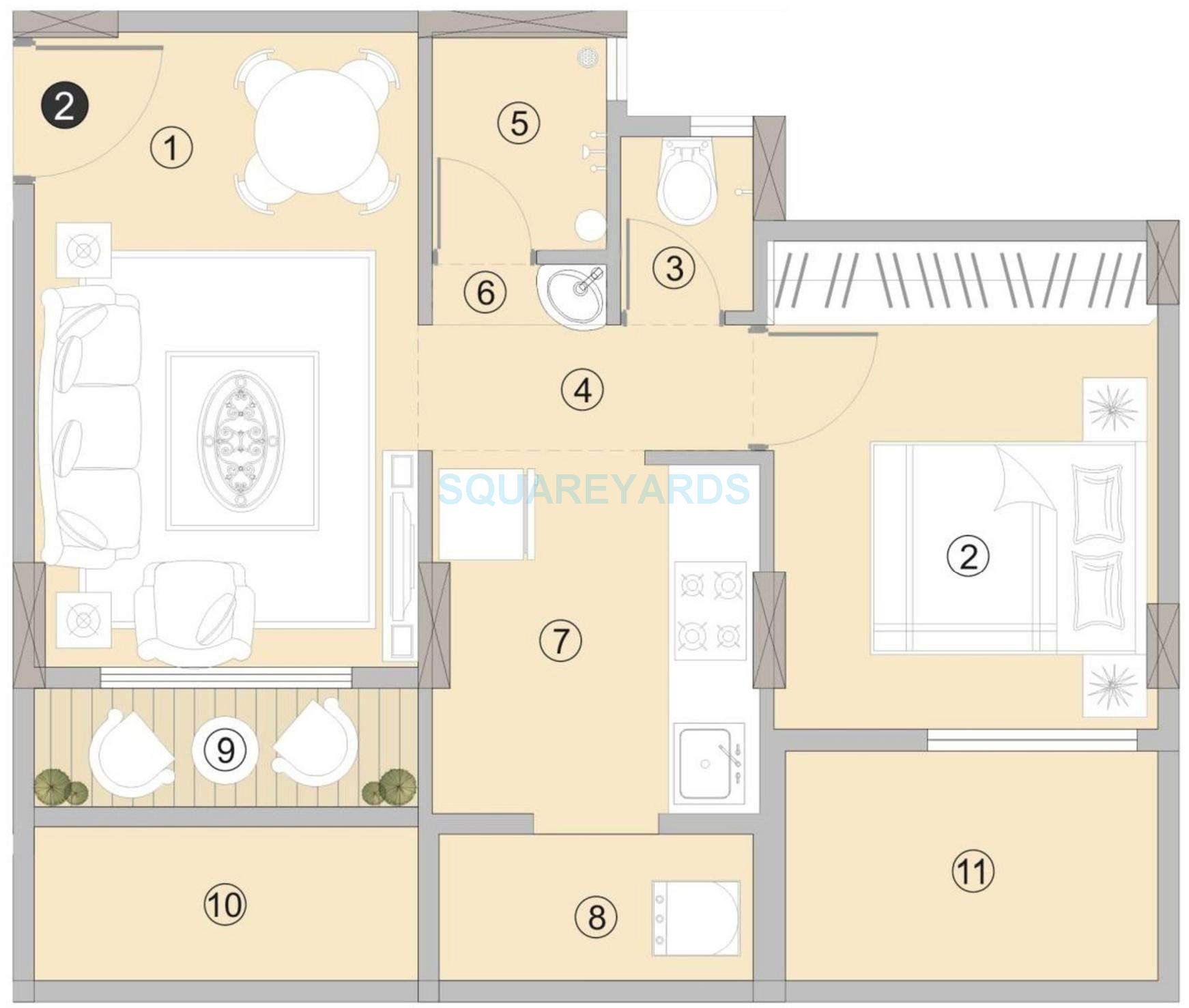 Floor plan of 1 BHK 605 Sq. Ft. Apartment in Hubtown Iris, Thane