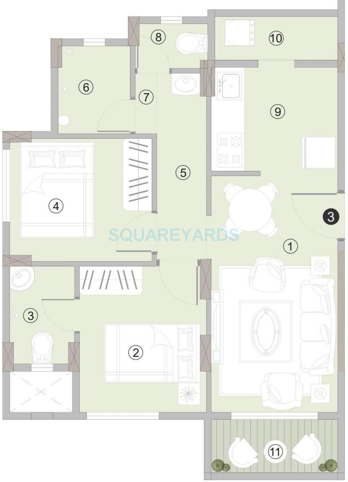 Floor plan of 2 BHK 778 Sq. Ft. Apartment in Hubtown Iris, Thane