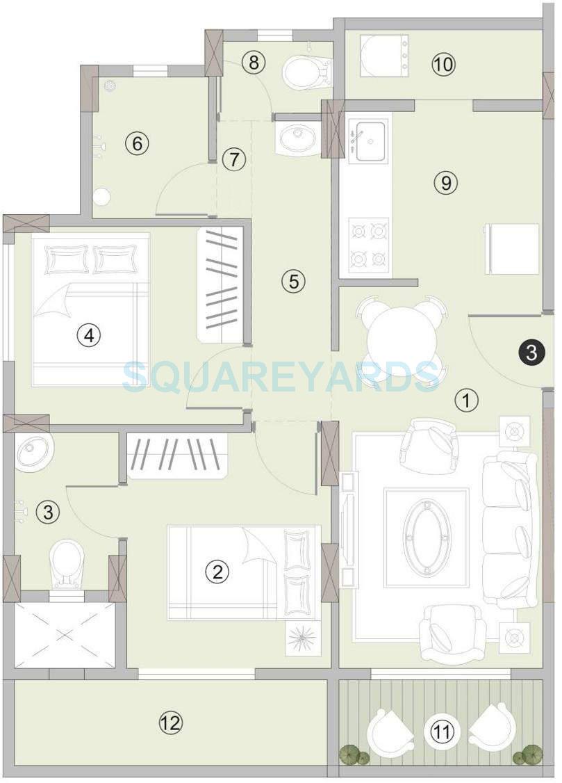 Floor plan of 2 BHK 945 Sq. Ft. Apartment in Hubtown Iris, Thane